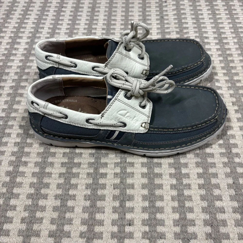 Clarks XTR Lite Mens Boat Shoes Navy Blue White Leather Loafers 26070983 Size 7M
